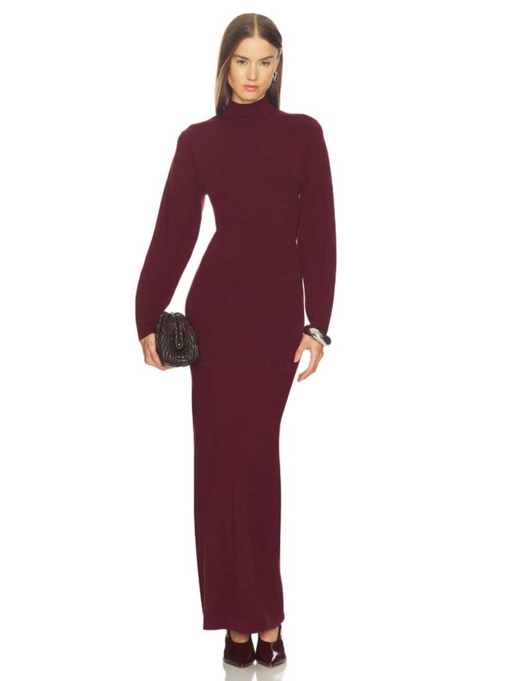 NEW SRG Gloria Mock Neck Maxi Dress in Burgundy Red Long Sleeve Knit